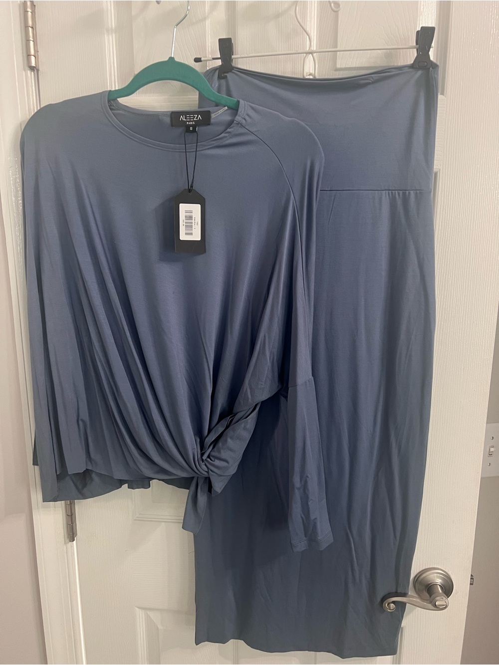 NWT | Aleeza PAris Two-Piece Slate Blue Knit Set - Top (S) & Skirt (M)